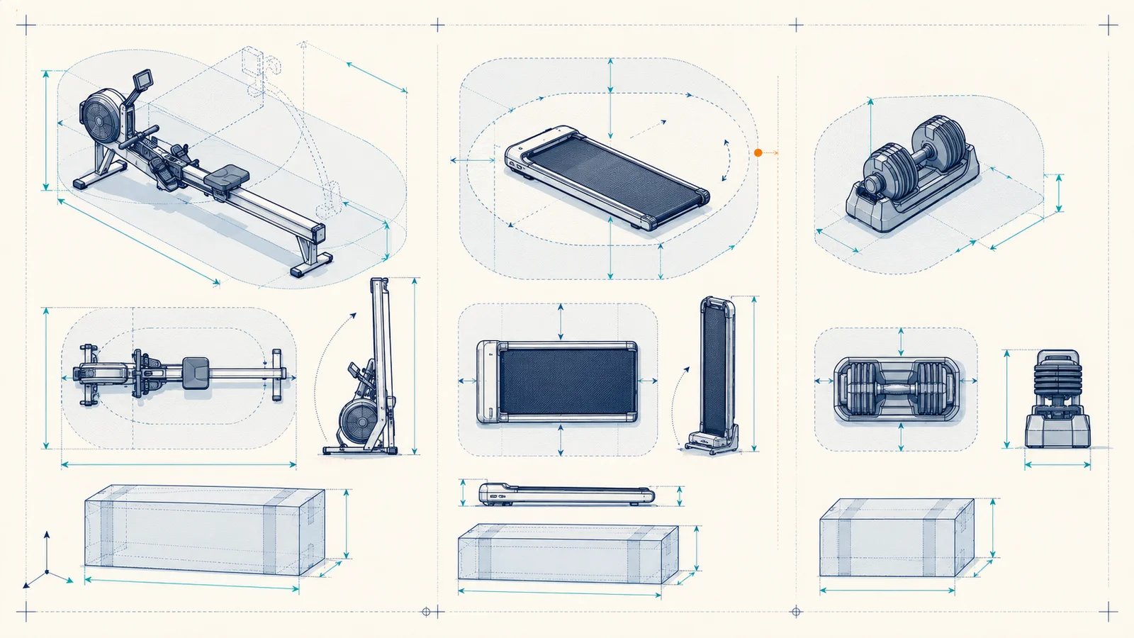 Conceptual diagrams showing package, assembled, operational, clearance, folded, and component dimension states for several types of home fitness equipment.