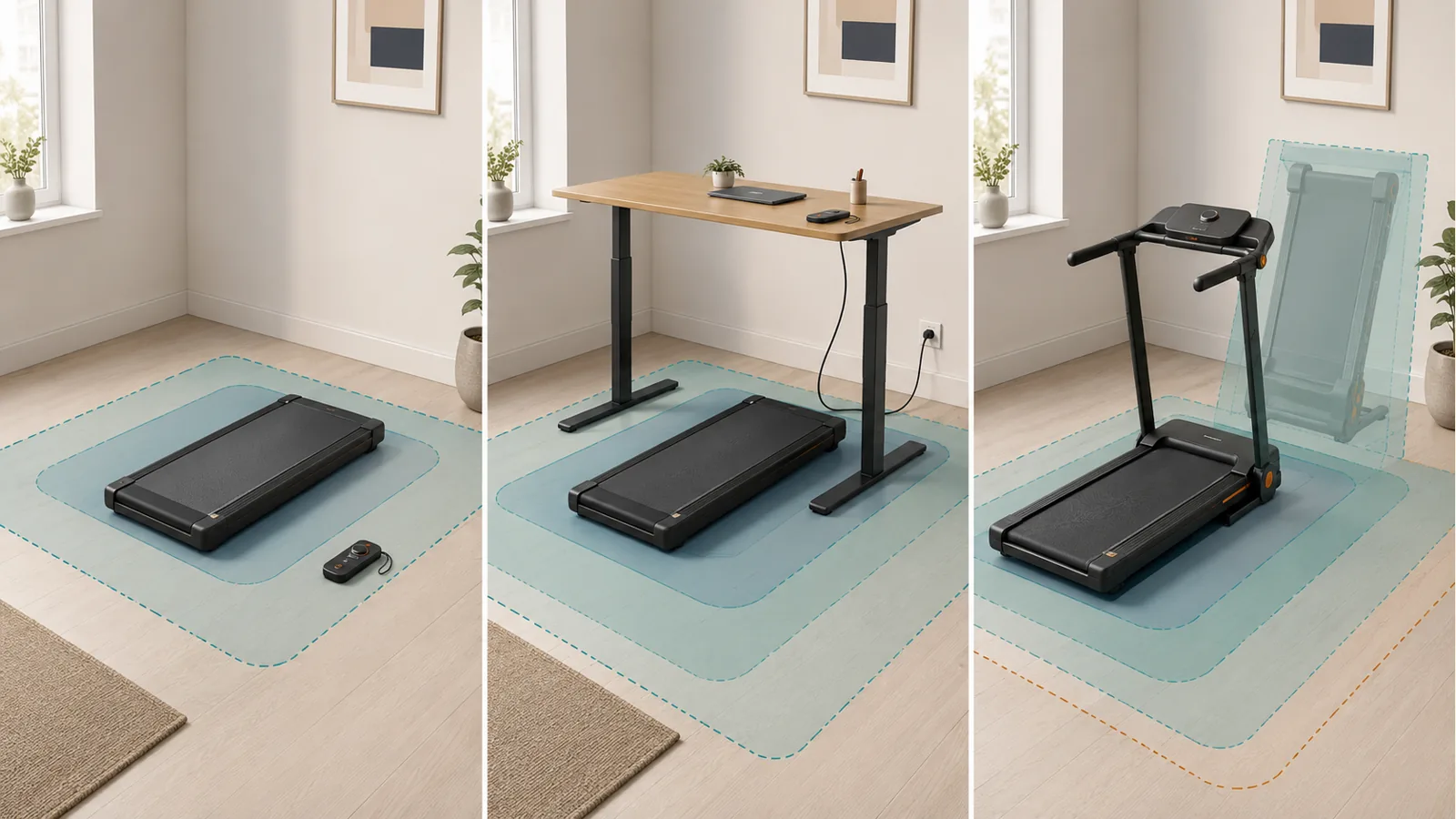 Conceptual comparison of a low-profile walking platform, an under-desk treadmill setup, and an upright folding treadmill in the same small room.