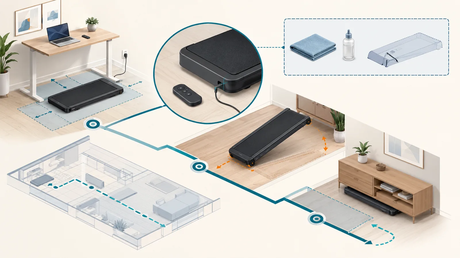 Illustrated walking pad in a small room showing desk clearance, route, folding, and storage checks