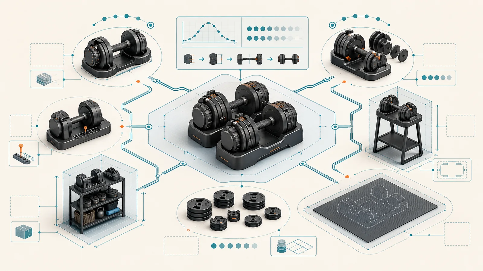 Conceptual adjustable-dumbbell comparison board showing load settings, storage bases, adjustment parts, room access, and evidence checks.