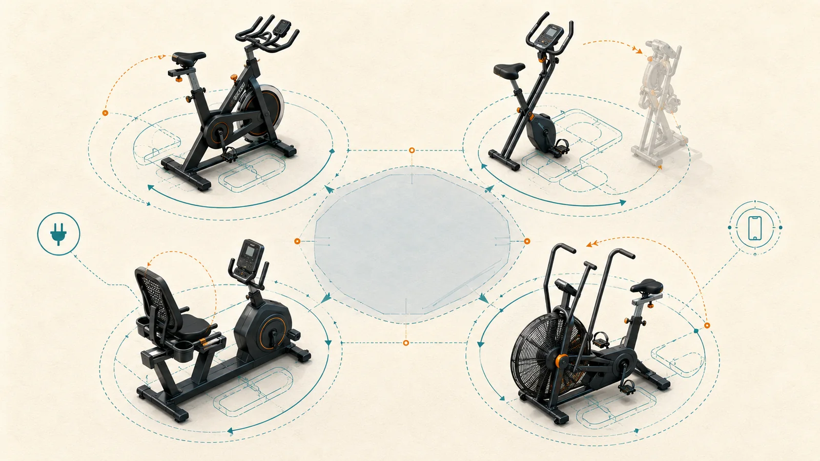 Conceptual exercise-bike format map showing fixed indoor cycle, folding bike, recumbent bike, fan bike, room envelopes, power, and app checks.