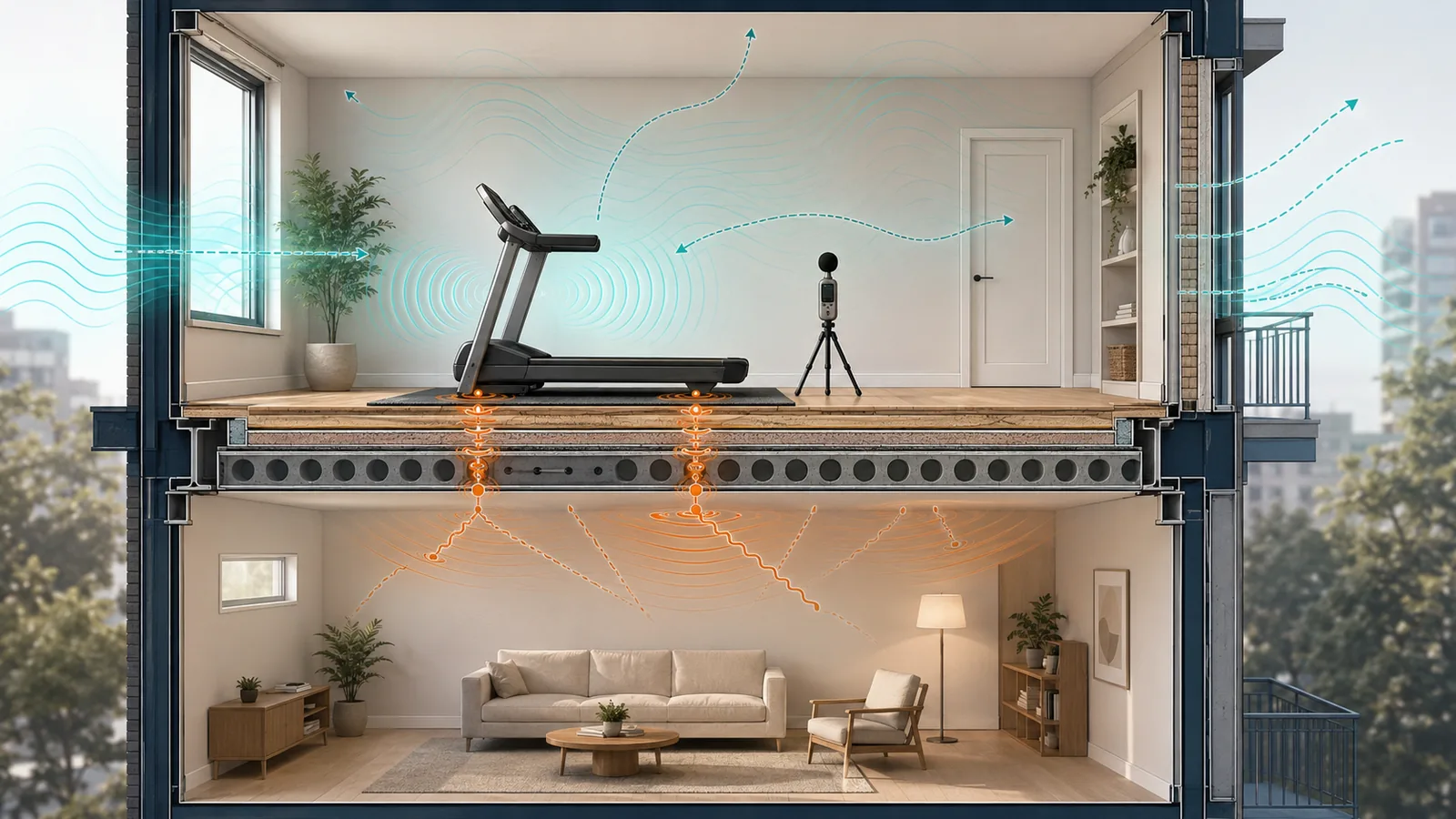 Conceptual apartment fitness-equipment noise and vibration screening illustration showing source, path, receiver, floor, and rule checks.