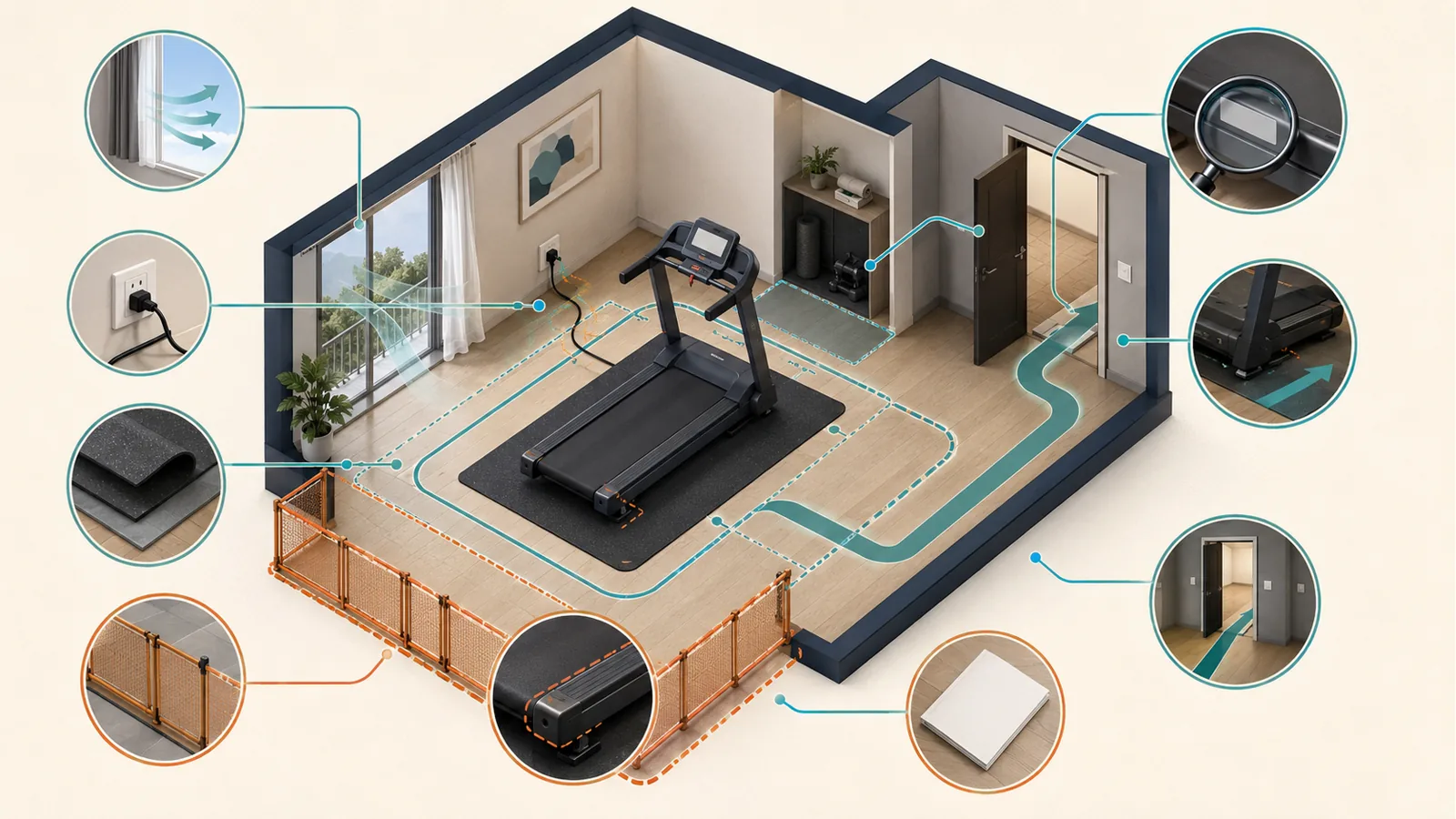 Conceptual home fitness safety-screening illustration showing floor, power, clearance, access, handling, and household-risk checks.