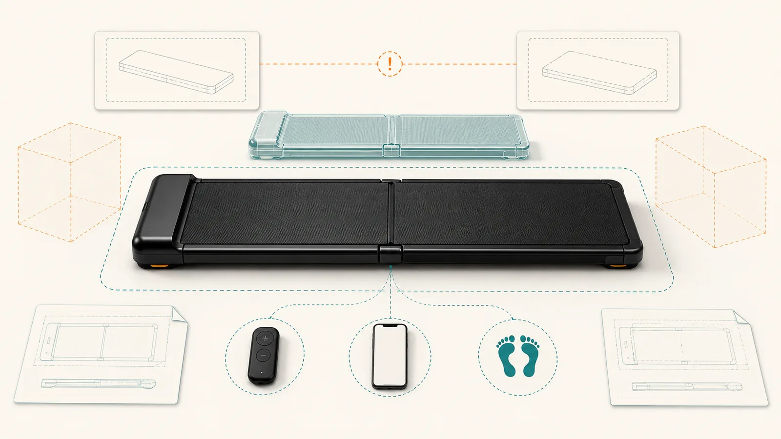 Conceptual WalkingPad A1 Pro decision illustration showing folded and unfolded states, remote, app, FootSense controls, and unresolved source conflicts.