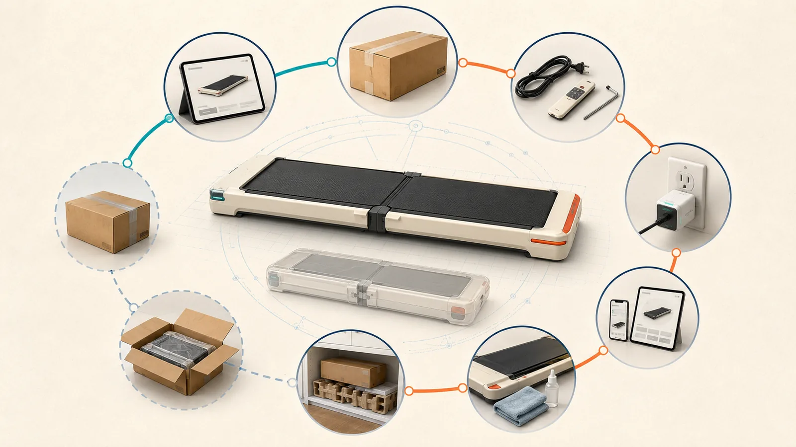 Conceptual WalkingPad C2 ownership-cost illustration showing a foldable walking pad, packaging, included controls, power, app devices, maintenance, and storage.
