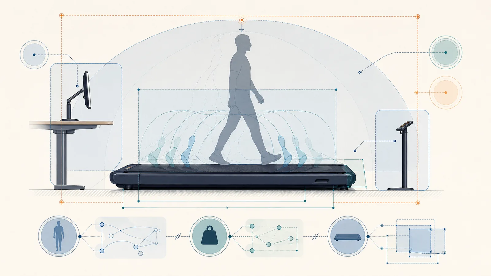 Conceptual walking-pad user-fit illustration showing body position, moving-surface dimensions, controls, and documented limit checks.
