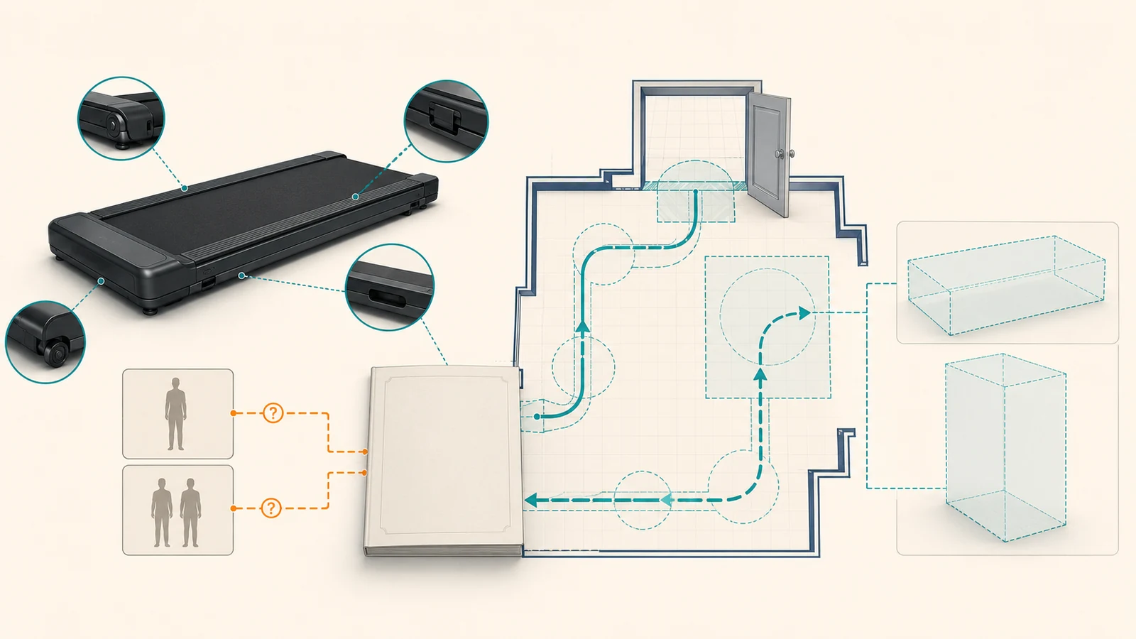 Conceptual treadmill and walking-pad fold, move, route, handler, and storage-planning illustration.