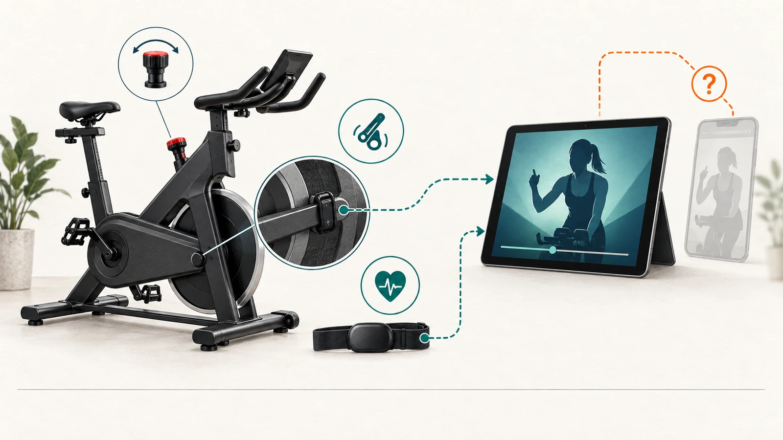 Conceptual illustration of exercise bikes, a Peloton app screen, a heart-rate monitor, and unresolved bike-to-app metrics.