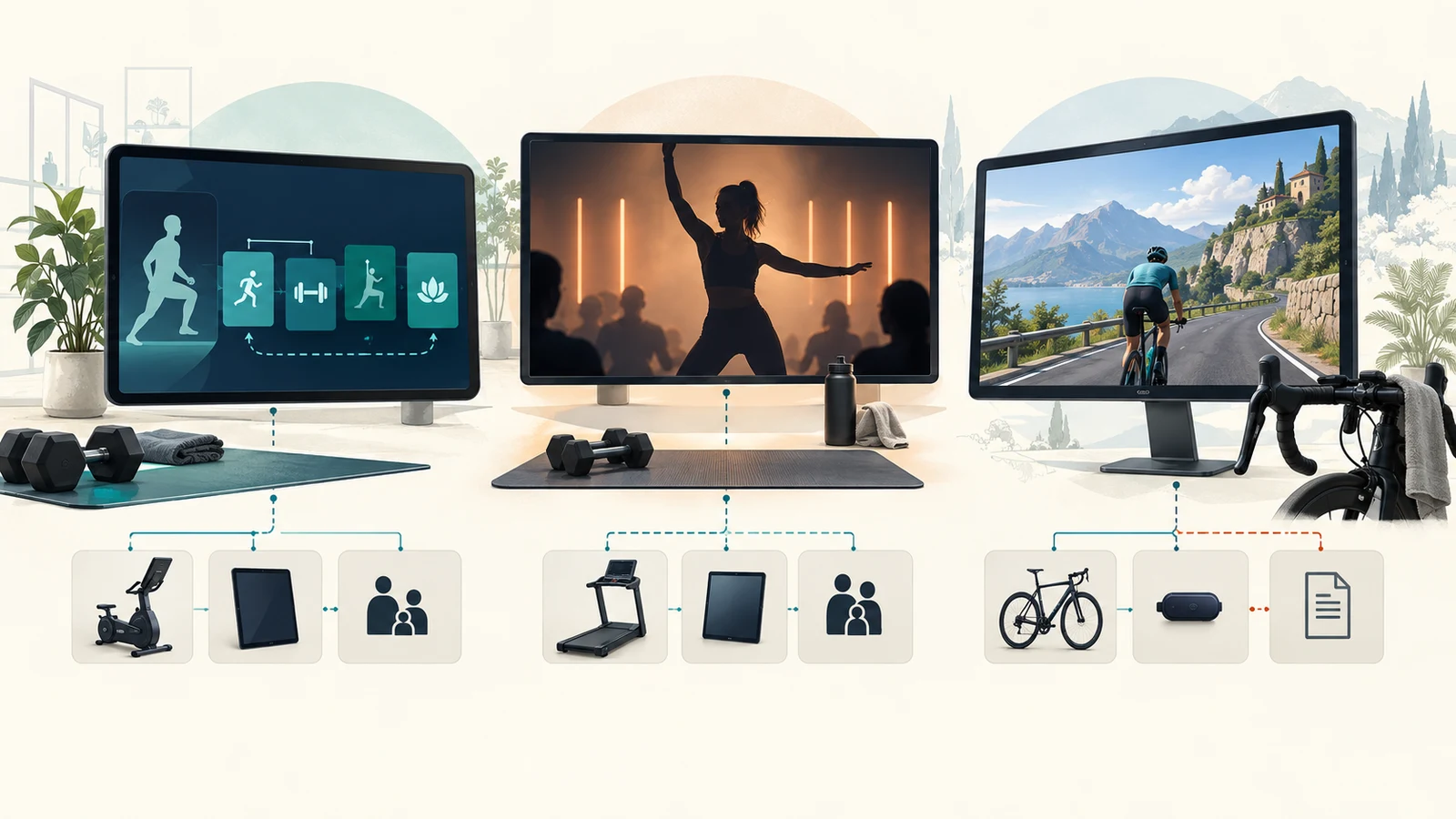 Conceptual illustration of JRNY, Peloton, and Zwift screens, home equipment, devices, profiles, and unresolved data paths.