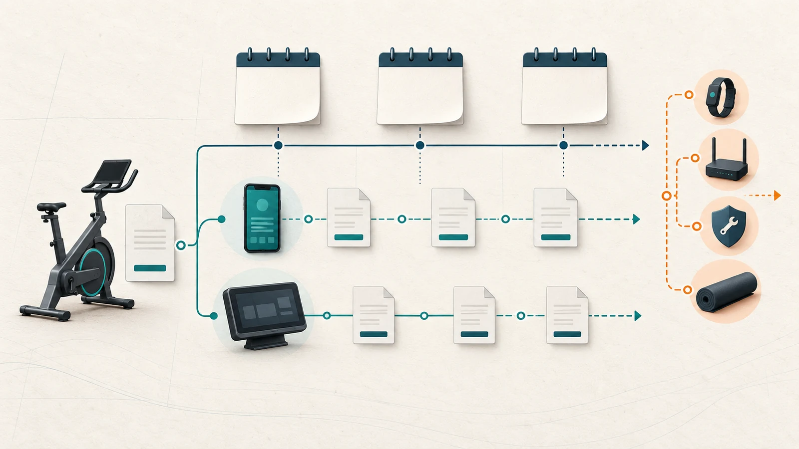 Conceptual illustration of cardio equipment, subscription plans, device paths, and three-year cost states.