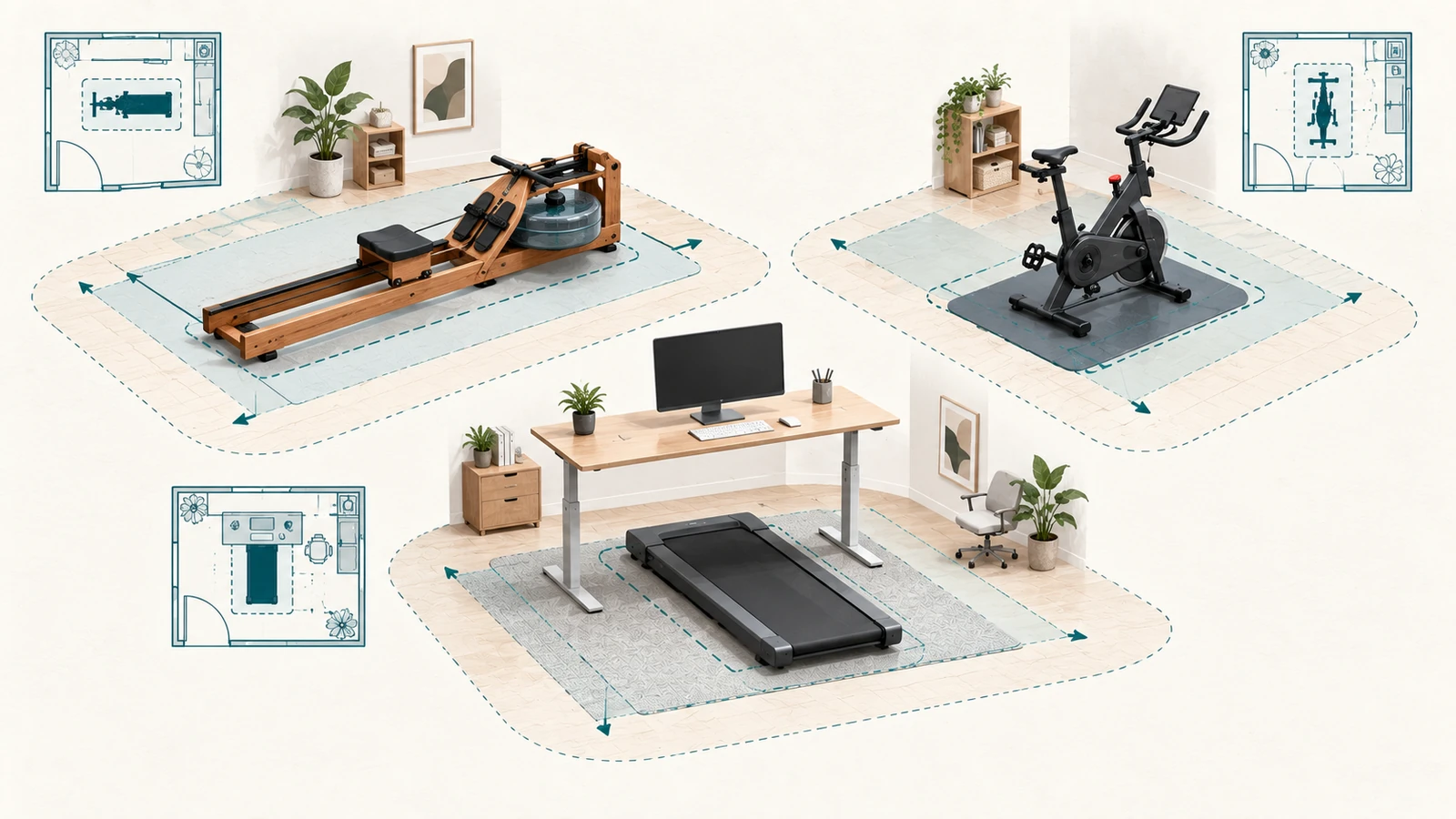 Conceptual comparison of compact rower, exercise bike, and walking pad room layouts with operating zones.