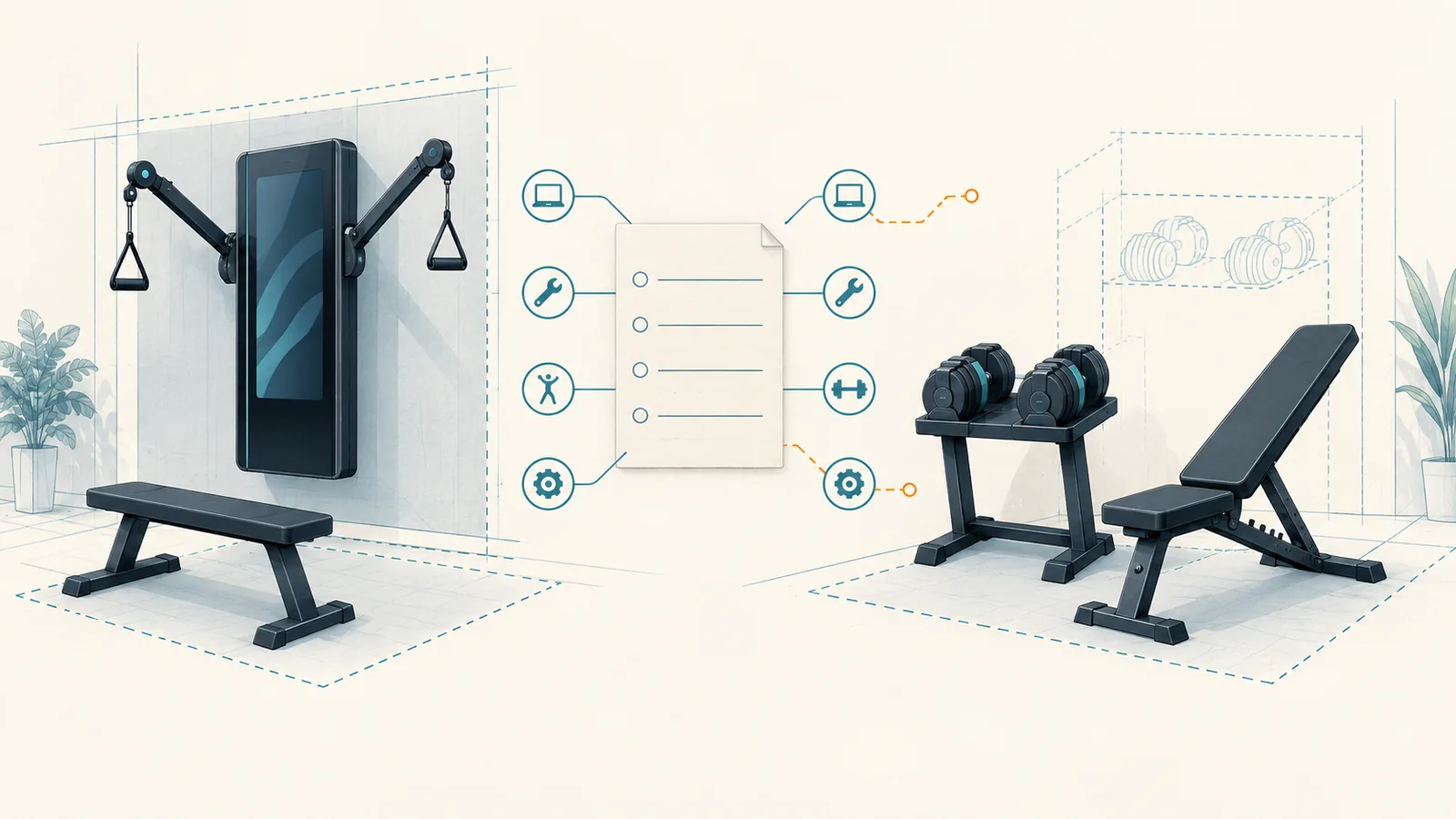 Conceptual smart home gym and modular compact equipment layouts with wall, storage, and operating-zone comparisons.