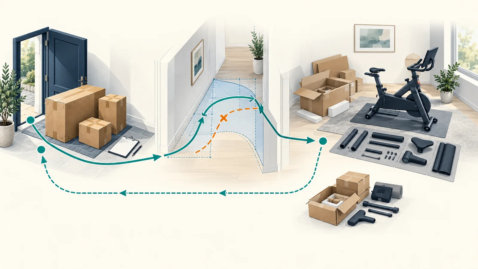Conceptual delivery route, stairs, assembly, and return-record workflow for large home-fitness equipment.