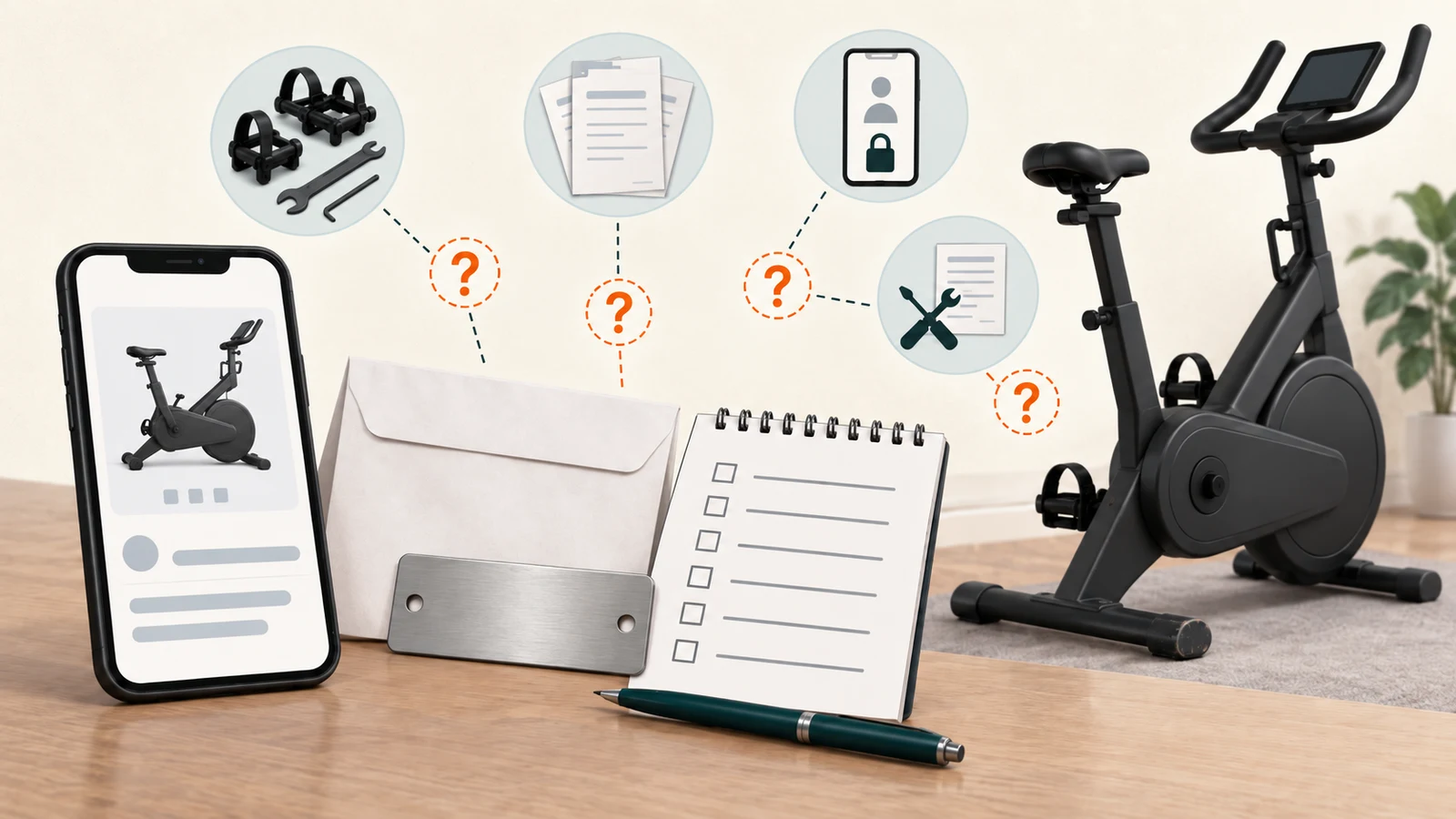 Conceptual inspection, support, and ownership-risk illustration for used compact fitness equipment.