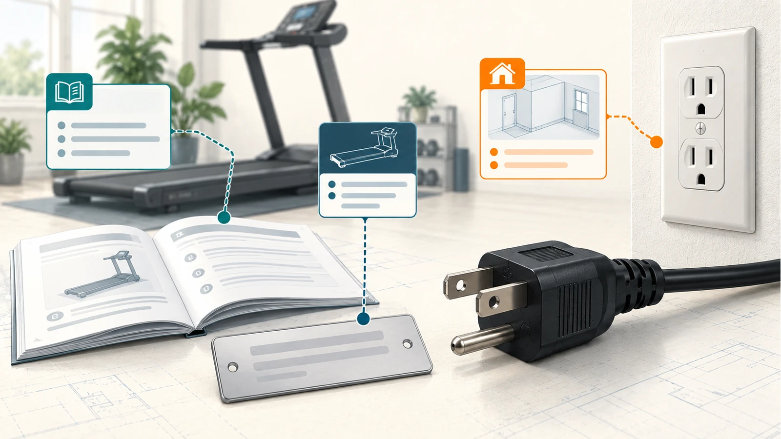Conceptual power, outlet, cord, and placement illustration for motorized home fitness equipment.