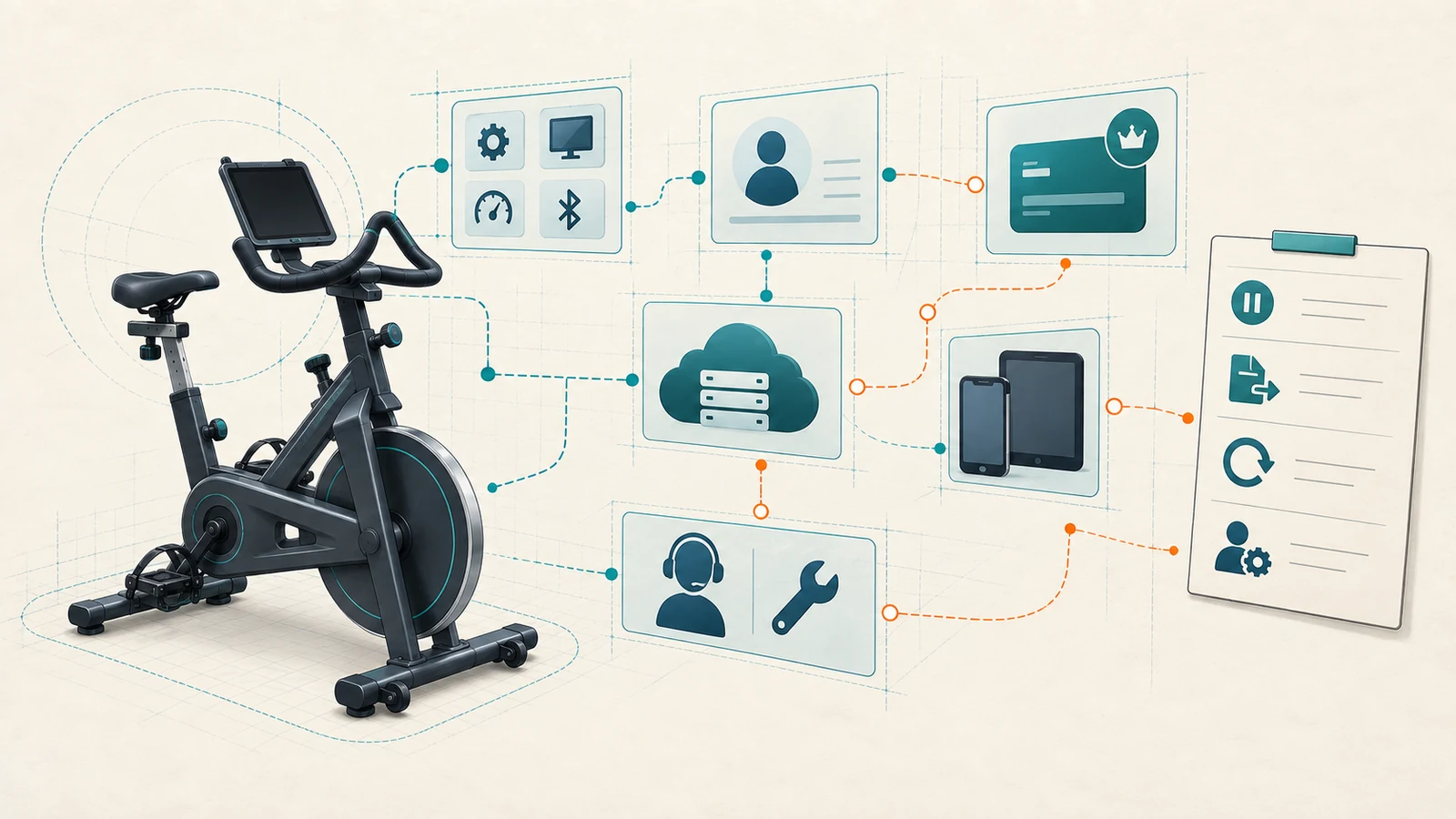 Conceptual account, subscription, device, and service lock-in illustration for smart fitness equipment.