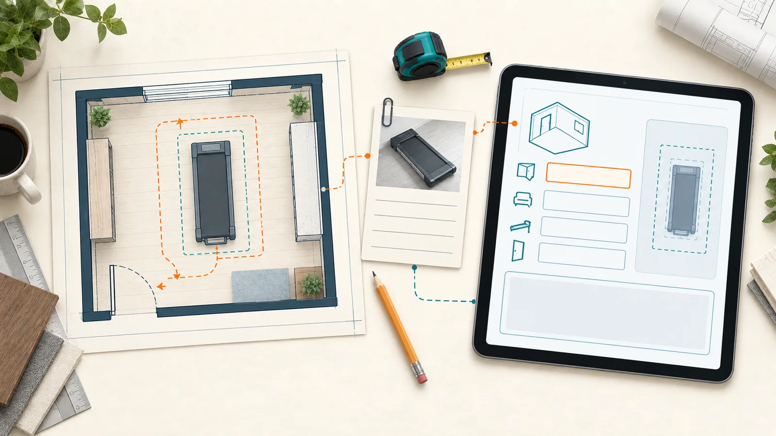Conceptual room plan with a walking pad, dashed space and route markers, a tape measure, and a calculator interface on a tablet.