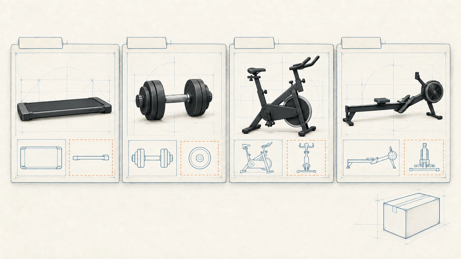 Conceptual dimension sheets for compact home fitness equipment, including a walking pad, dumbbell, bike, rower, and shipping carton.