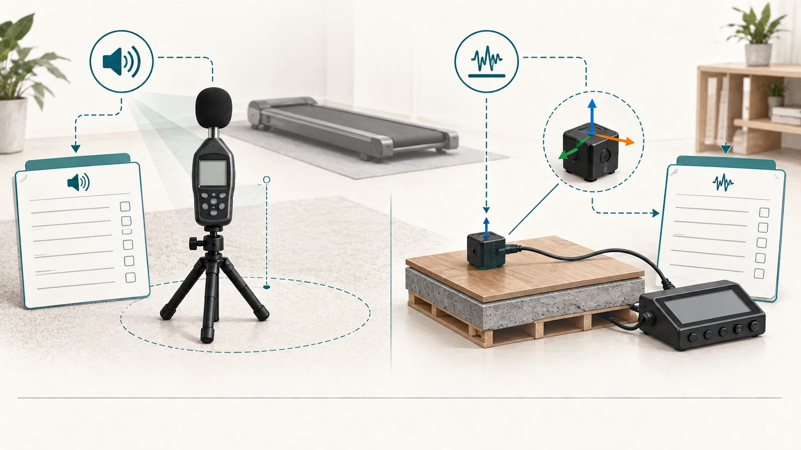 Conceptual illustration of separate sound and vibration evidence for fitness-equipment report review.