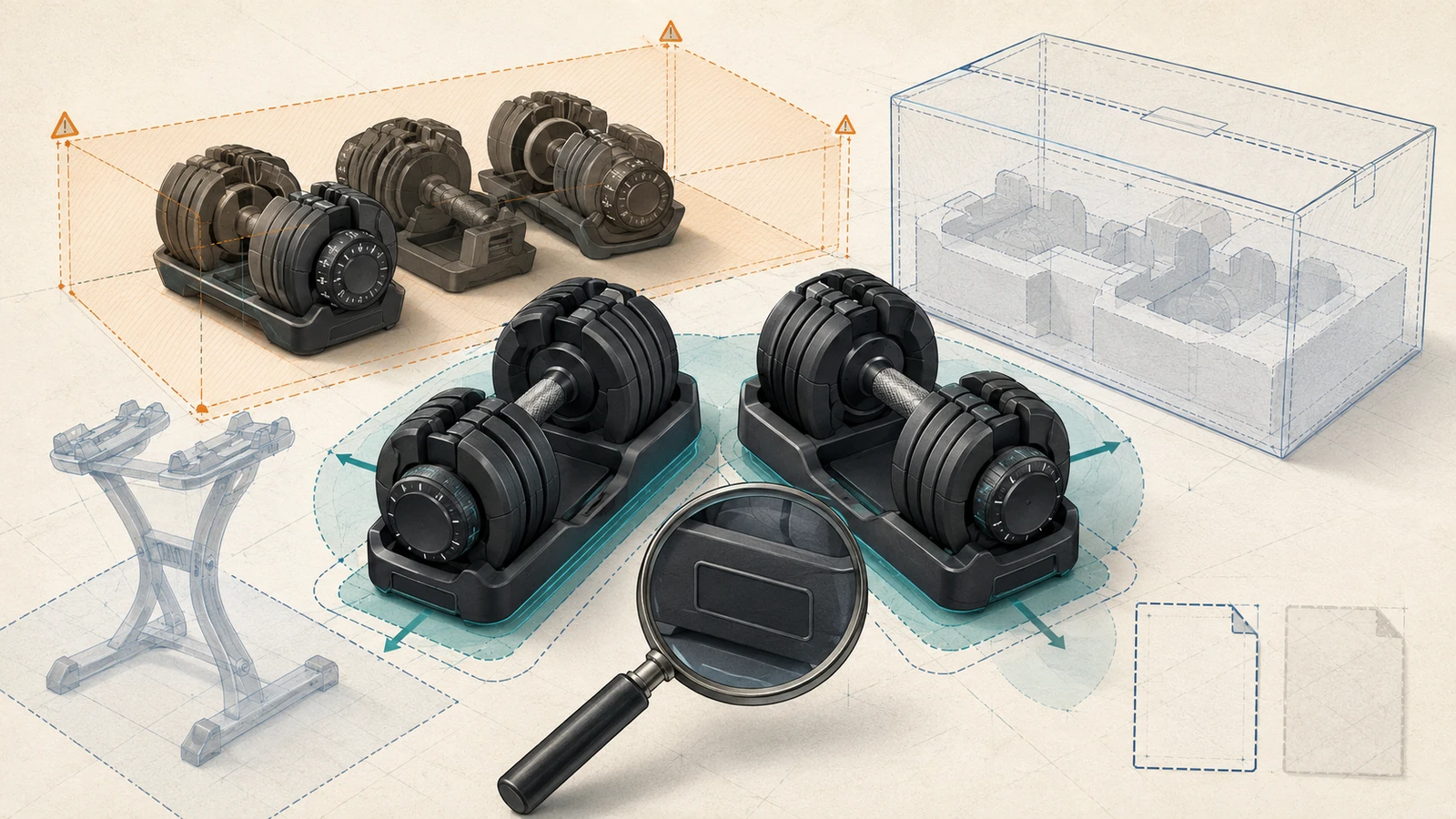 Conceptual adjustable-dumbbell space and verification map showing pair, tray, stand, route, and source-check decisions.