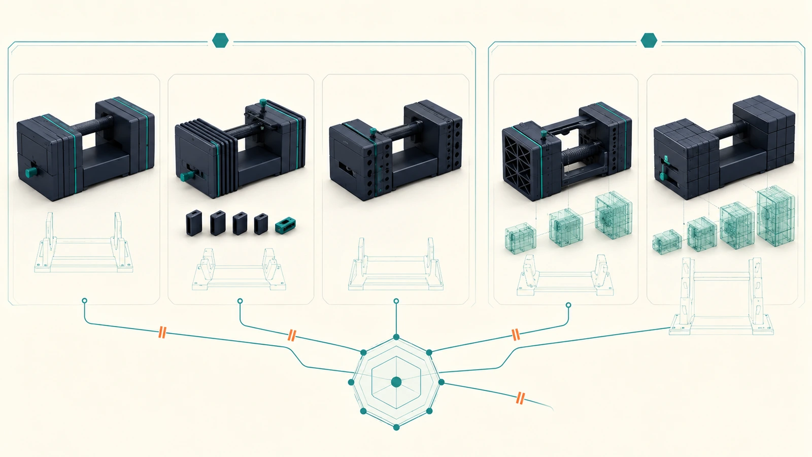 Conceptual adjustable-dumbbell model-selection map showing five configurations, stages, and small-space fit paths.