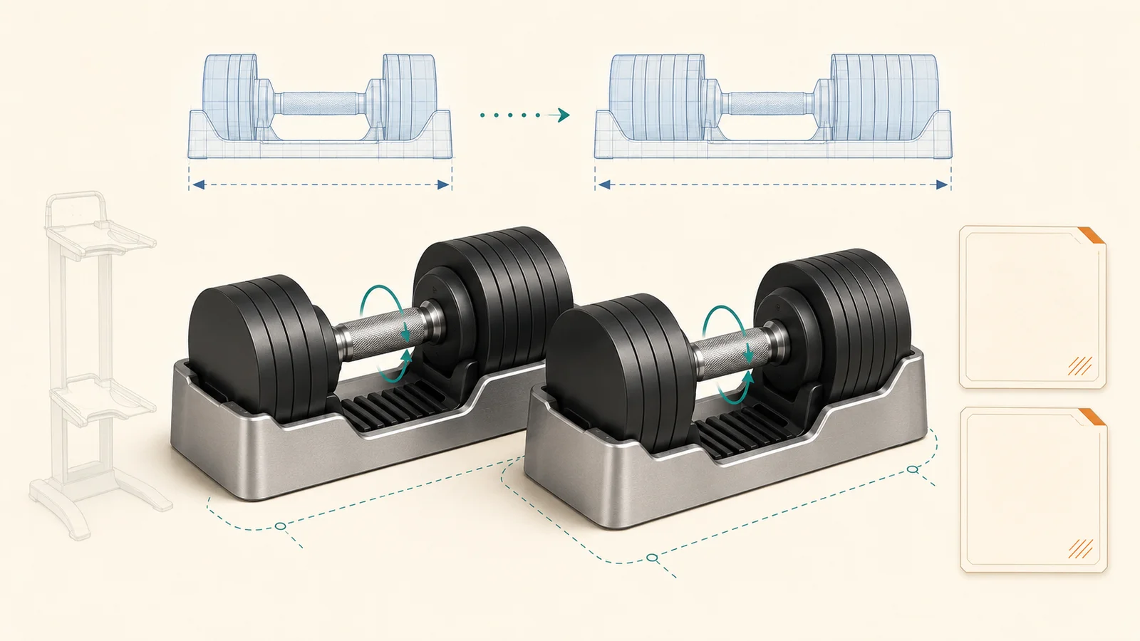 Conceptual Core Fitness adjustable-dumbbell and cradle map showing dynamic length, pair storage, and footprint questions.
