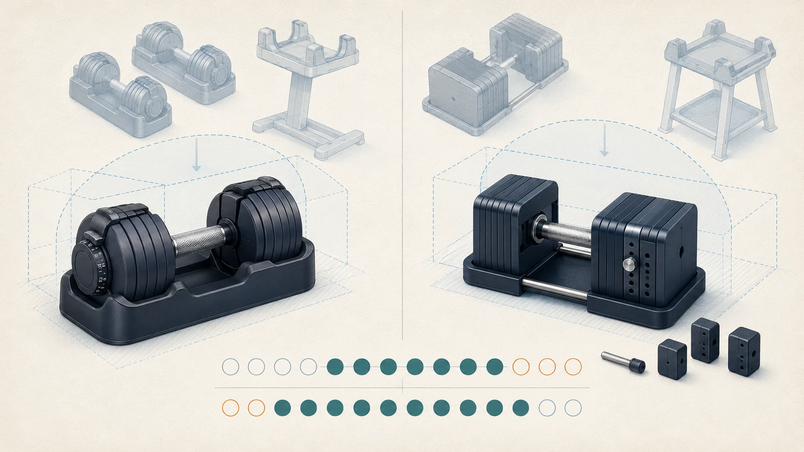 Conceptual BowFlex Results Series 552 and PowerBlock Pro 50 comparison illustration showing pair, tray, stand, and footprint questions.