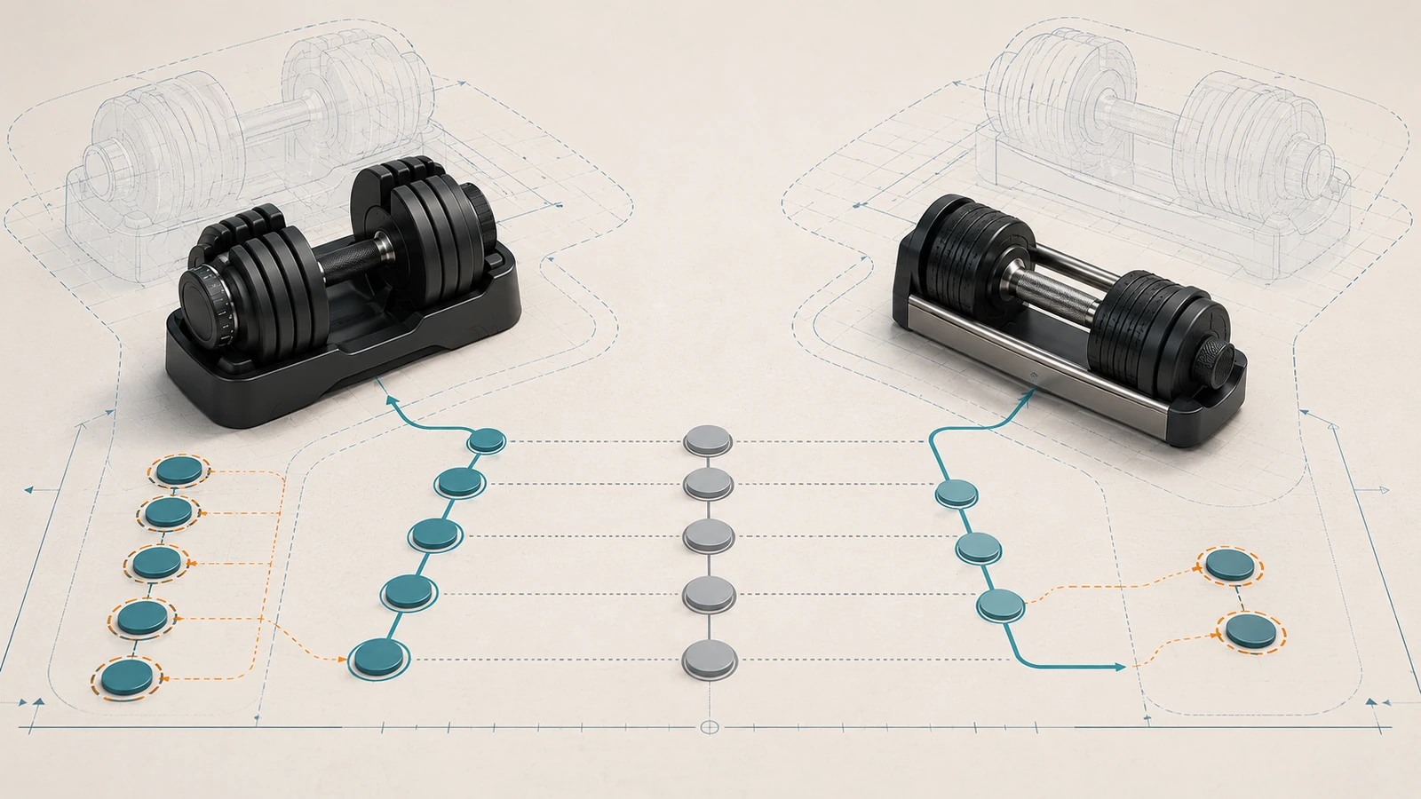 Conceptual BowFlex and Core adjustable-dumbbell comparison showing setting sequences, cradles, and complete-footprint questions.