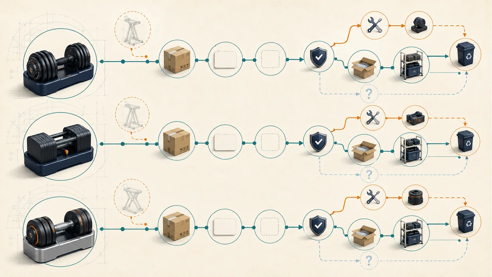 Conceptual adjustable-dumbbell cost and lifecycle paths showing pair, stand, delivery, warranty, service, storage, and terminal-cost questions.