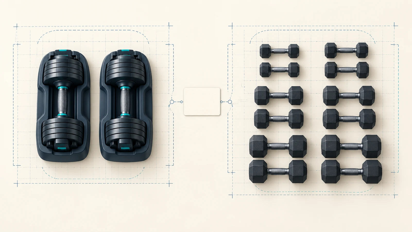 Conceptual adjustable and fixed dumbbell comparison showing selector cradles, permanent pairs, load ranges, and storage-envelope questions.