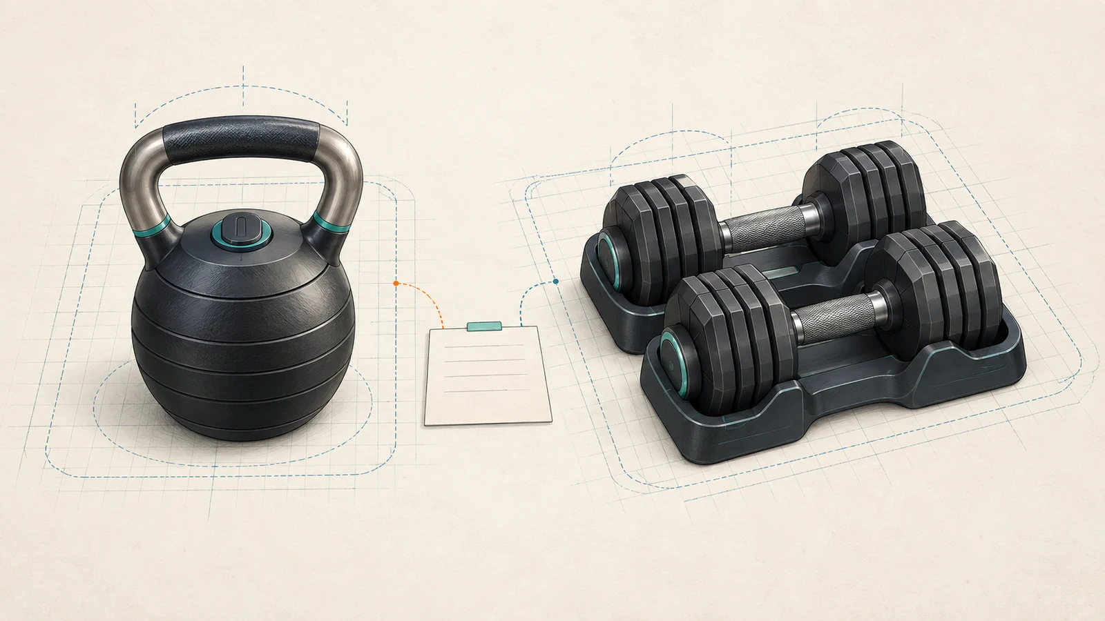 Conceptual adjustable kettlebell and adjustable dumbbell comparison showing one-unit versus pair quantity, selector cradles, load-range, and storage-envelope questions.