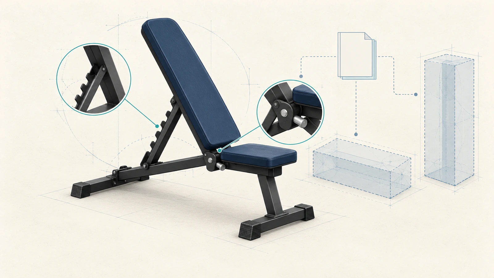 Conceptual folding weight bench showing adjusted back support, hinge and lock questions, fold-flat and upright storage envelopes.