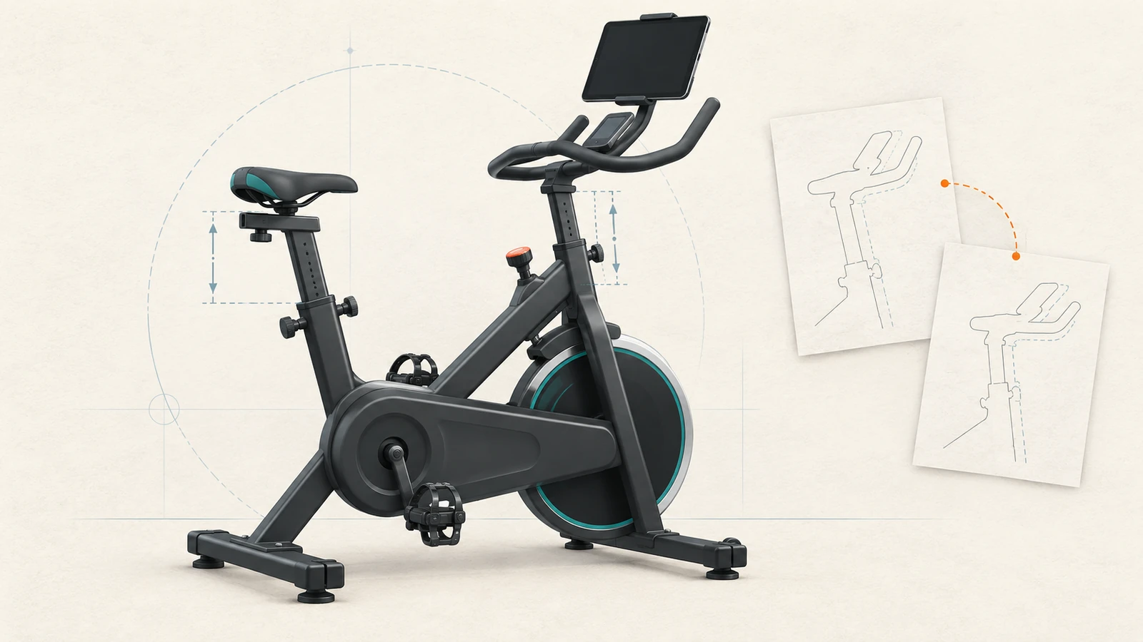 Conceptual Schwinn IC4 small-space analysis showing bike footprint, route, app paths, and unresolved buyer checks.