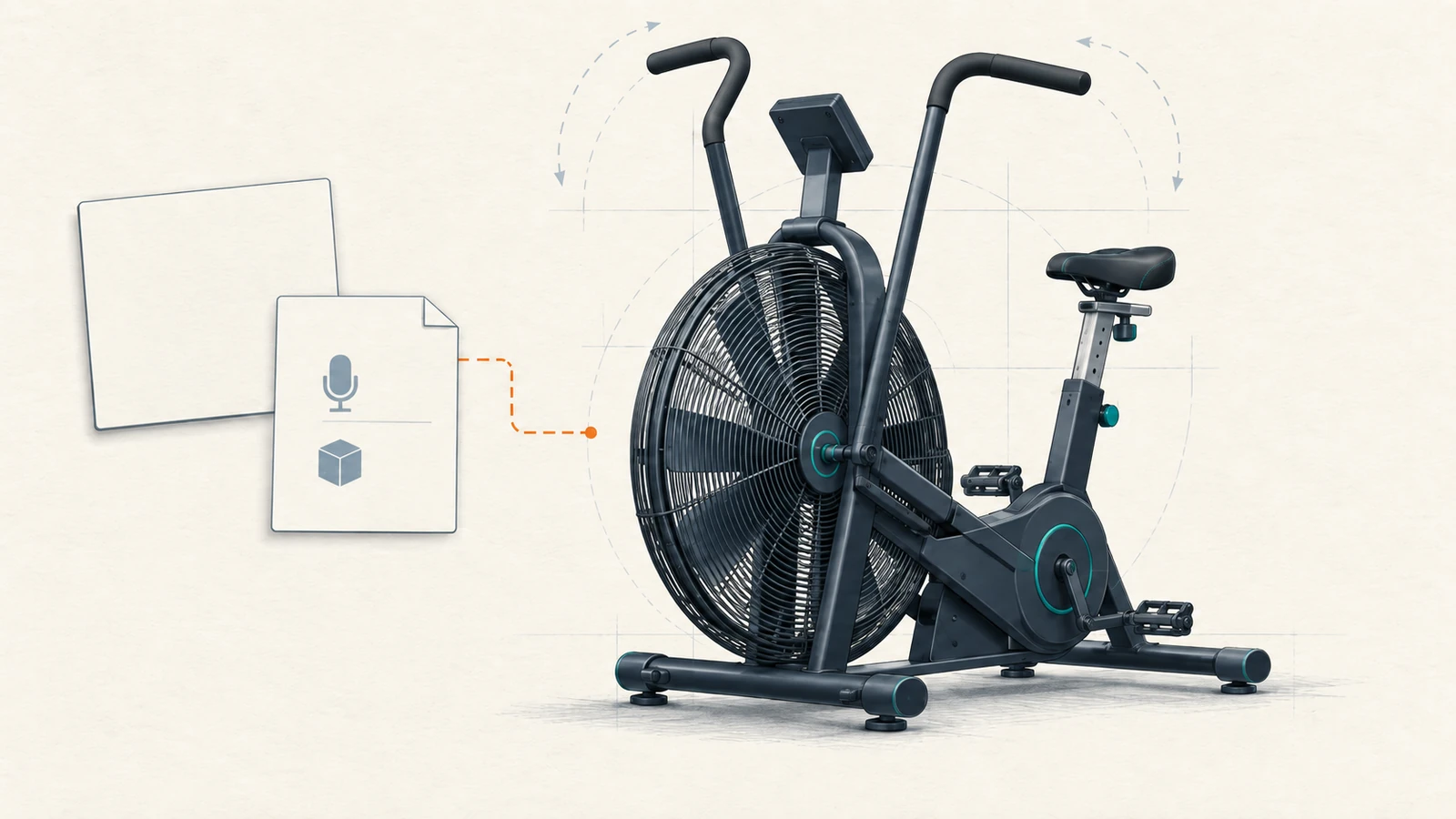 Conceptual Schwinn AirDyne AD7 home-use analysis showing bike footprint, moving-handle zone, airflow, and unresolved buyer checks.