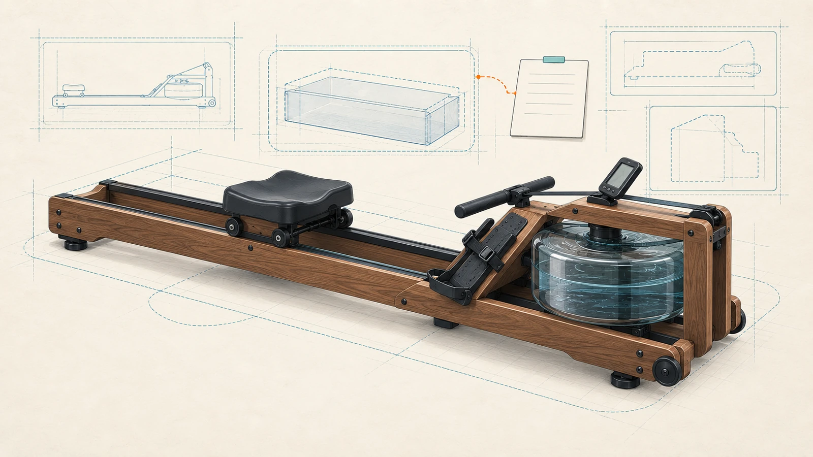 Conceptual WalkingPad WR20 folding-rower analysis illustration showing folded and unfolded space, water, storage, and unresolved buyer checks.