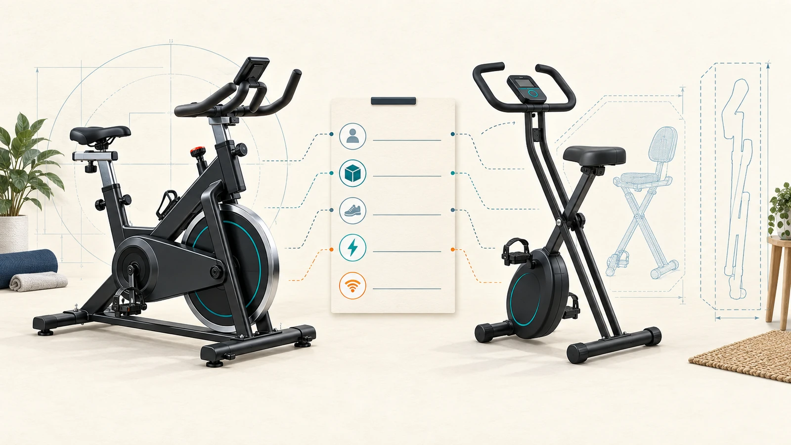 Conceptual Schwinn IC4 versus folding exercise-bike format comparison showing fixed and folded states, dimensions, app/power cues, and unresolved buyer checks.