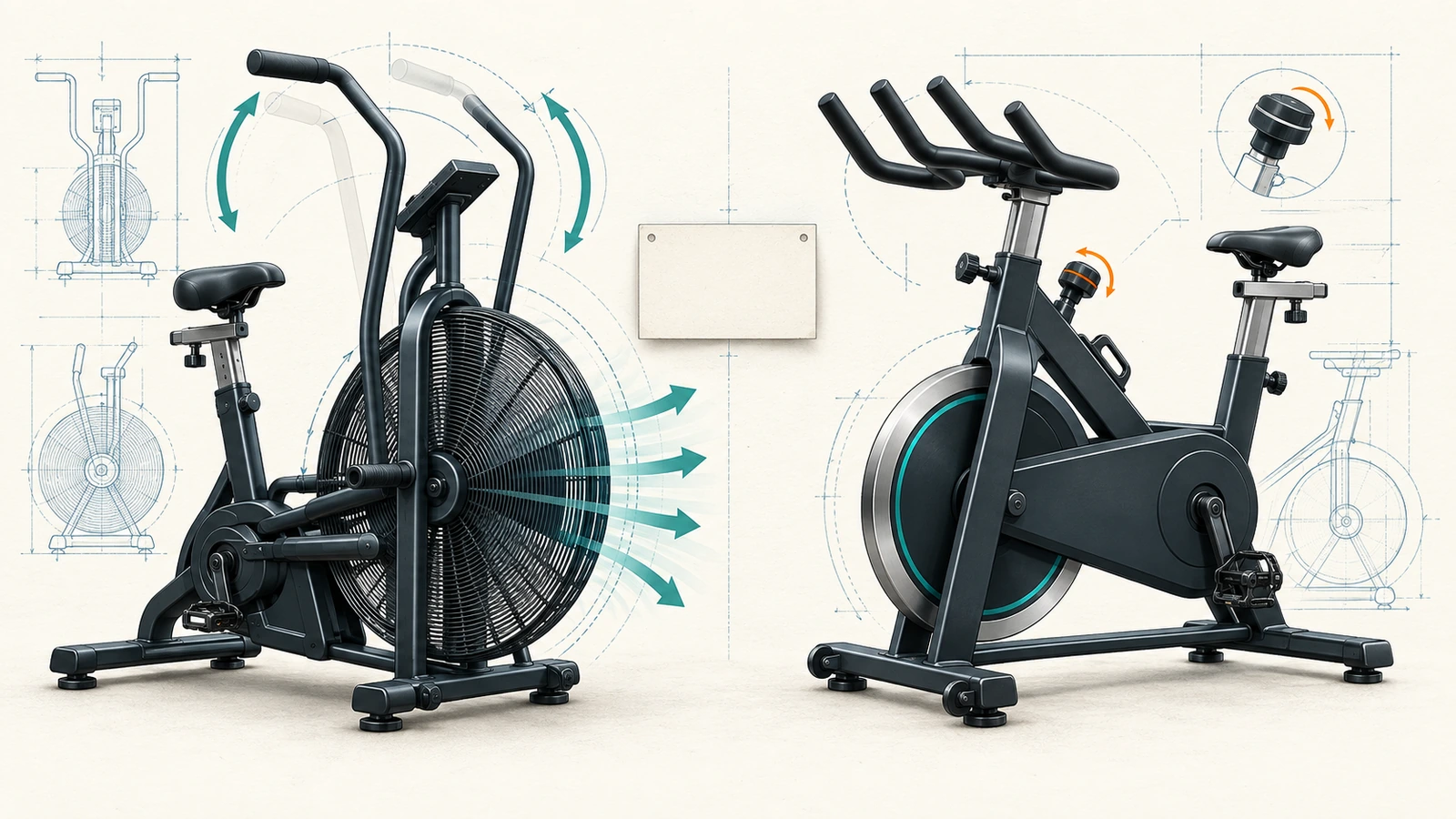 Conceptual fan-bike vs indoor-cycle illustration; not a product photograph or direct-use test.