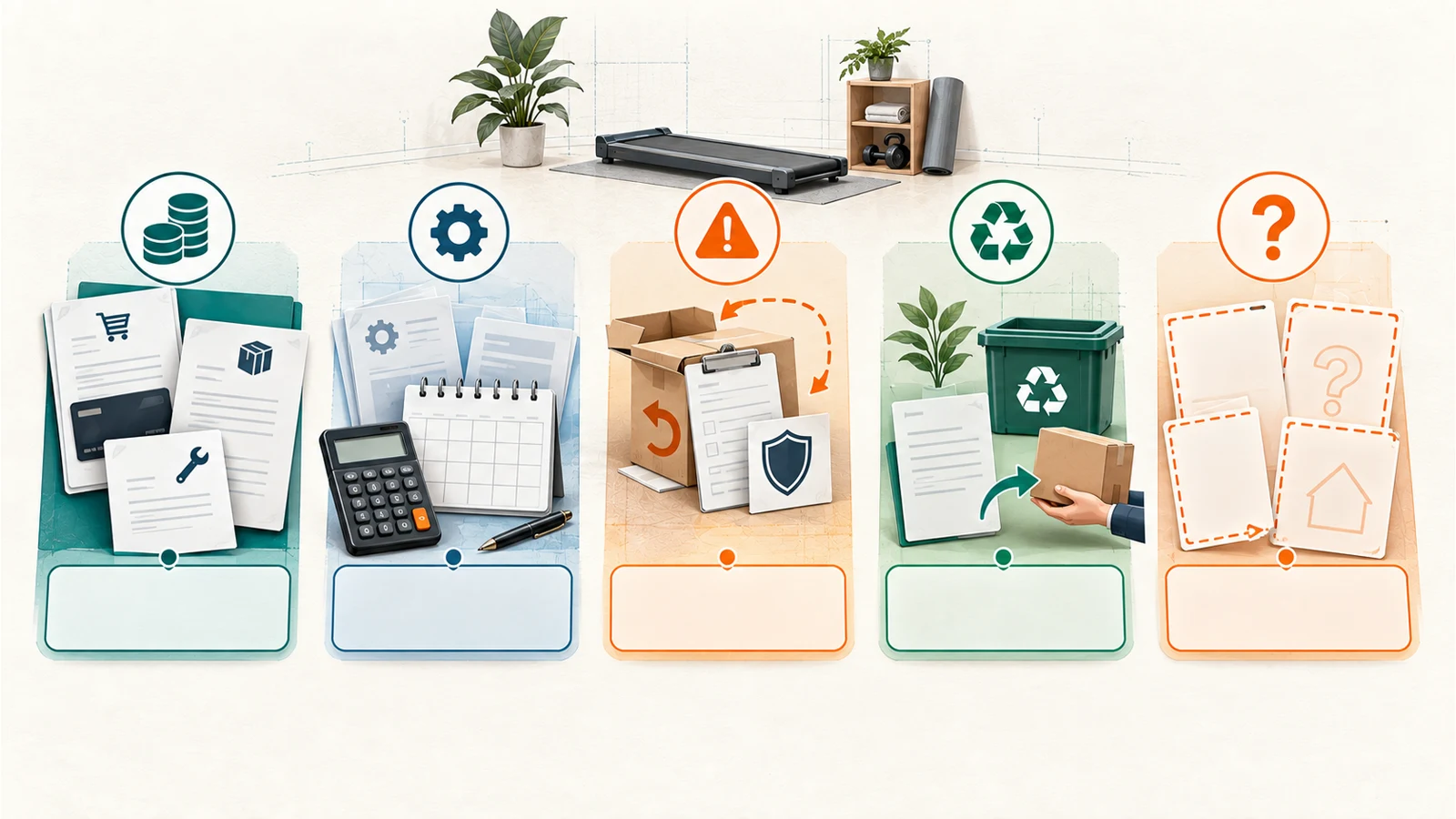Conceptual home-fitness total-cost calculator illustration showing cost categories, time horizon, and unknowns.