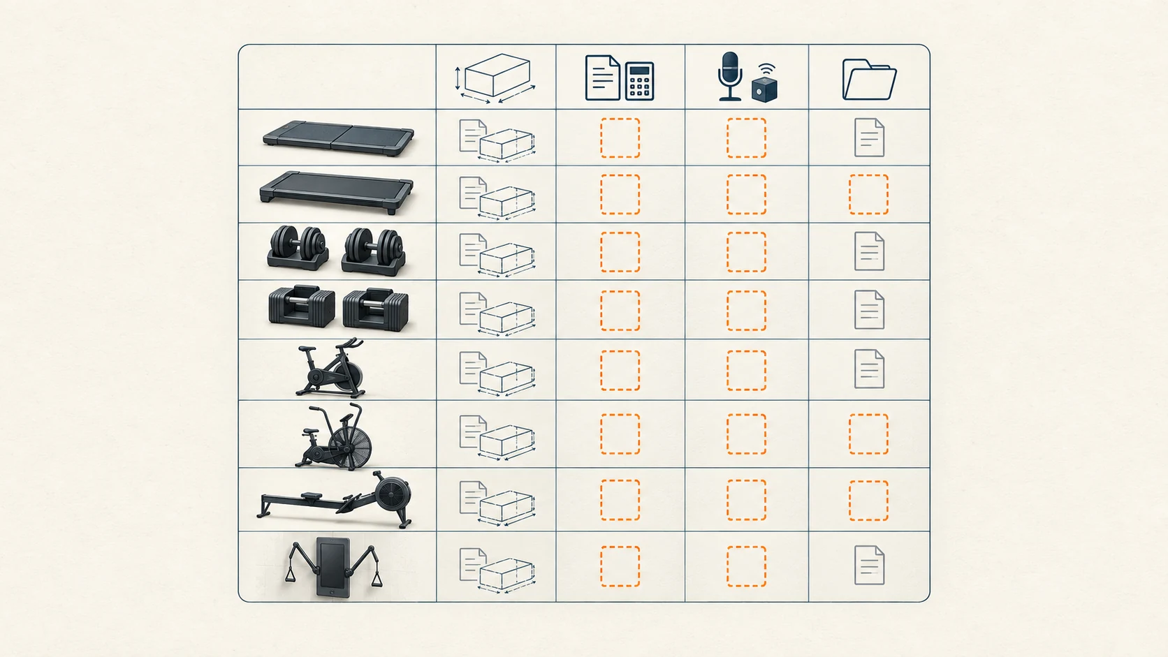 Illustrated equipment rows with document icons and blank evidence fields.